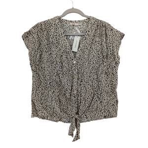 Francescas Animal Print Blouse S Beige Tie Front Button Down Knot‎ Front Pleated